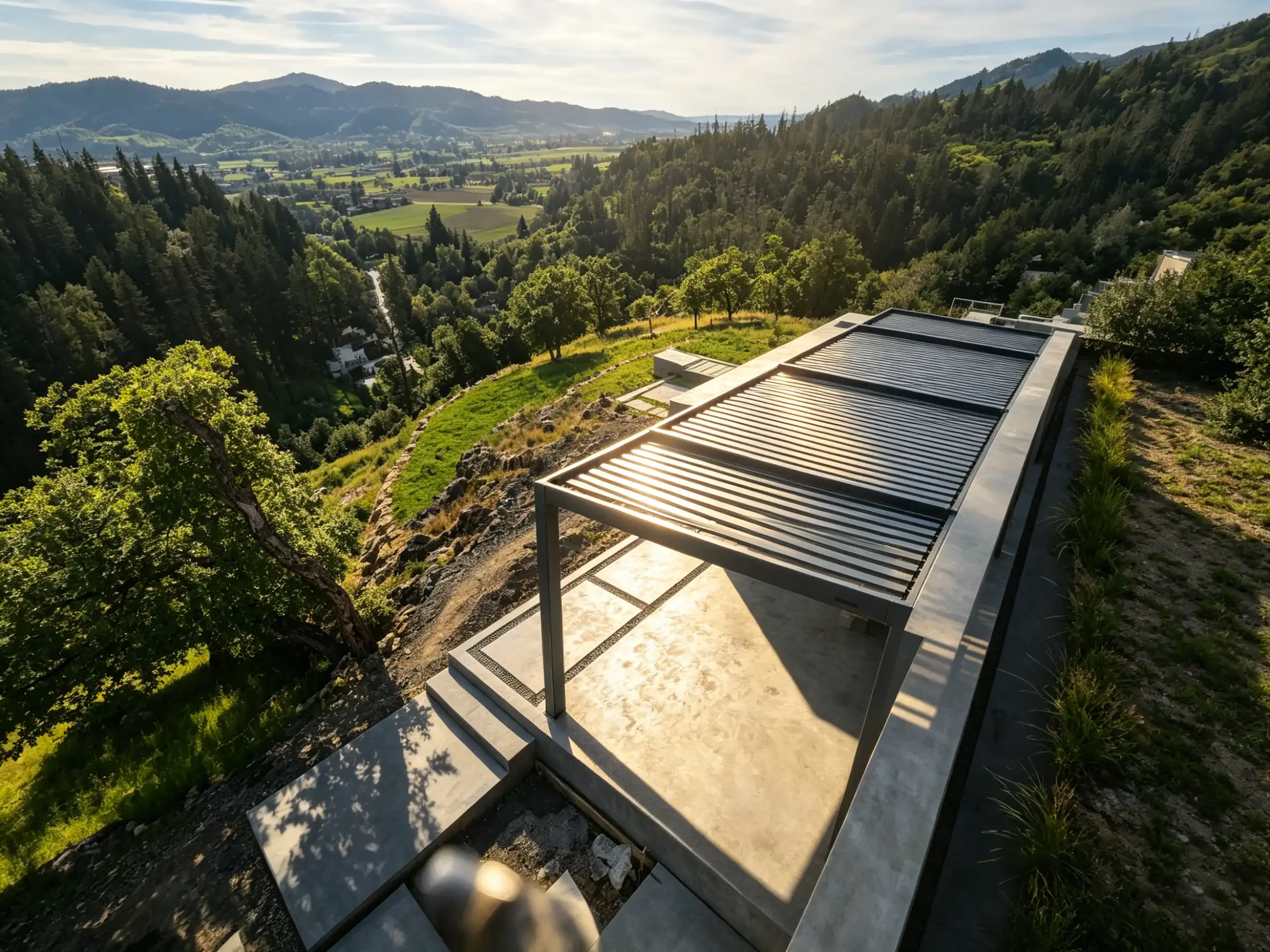 Architectural louvered pergola at a hillside villa